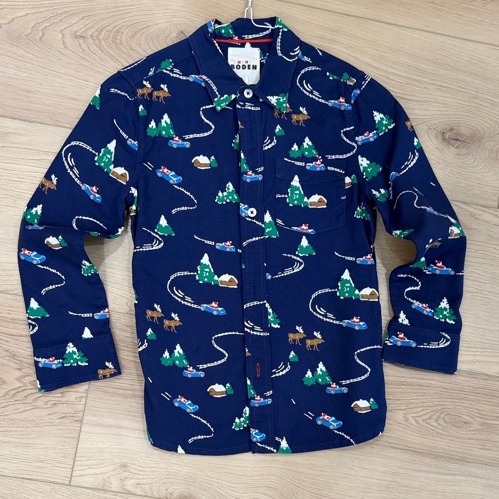 Mini Boden Blue Kids Button Down Shirt with Fun Print